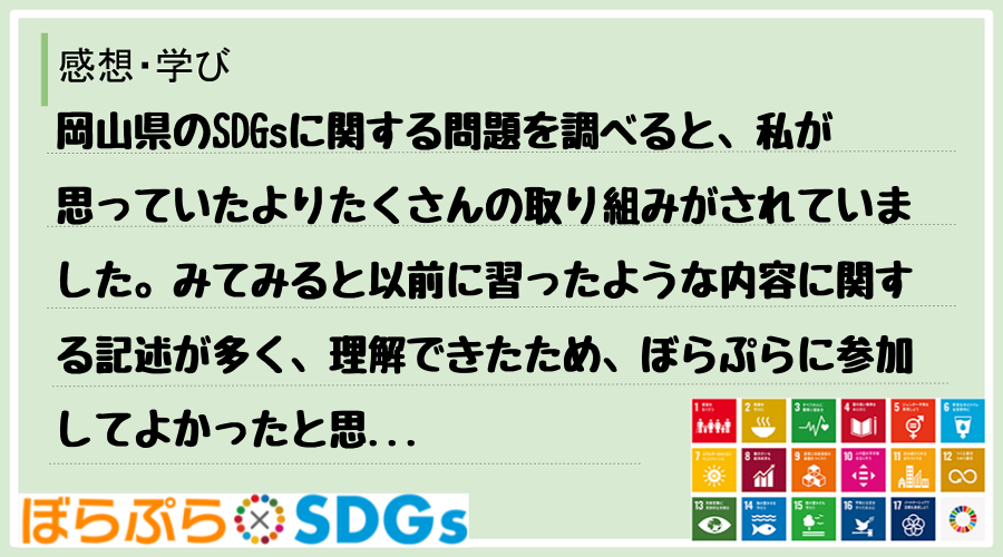 岡山県のSDGsに関する問題を調べると、私が思っていたよりたくさんの取り組みがされていました。...