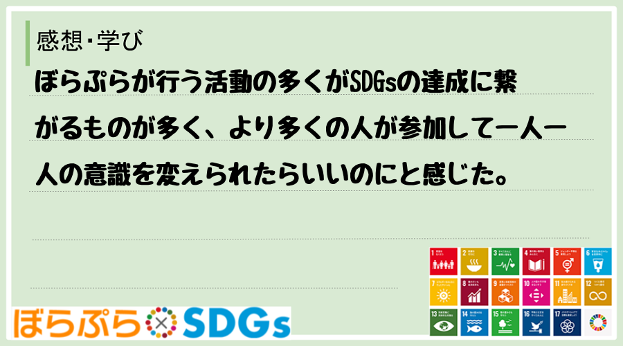 ぼらぷらが行う活動の多くがSDGsの達成に繋がるものが多く、より多くの人が参加して一人一人の意...