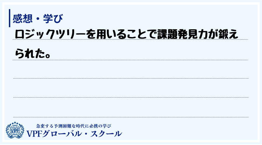 ロジックツリーを用いることで課題発見力が鍛えられた。