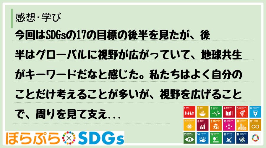 今回はSDGsの17の目標の後半を見たが、後半はグローバルに視野が広がっていて、地球共生がキー...