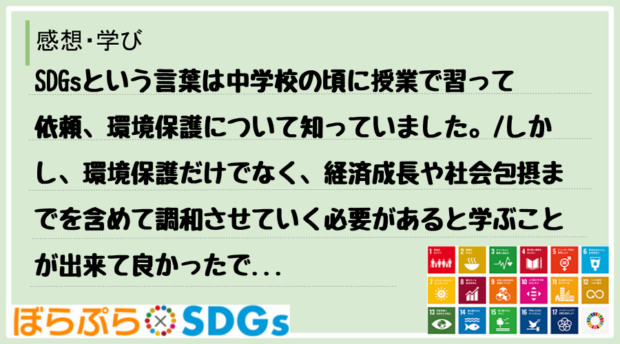 SDGsという言葉は中学校の頃に授業で習って依頼、環境保護について知っていました。
しかし、...