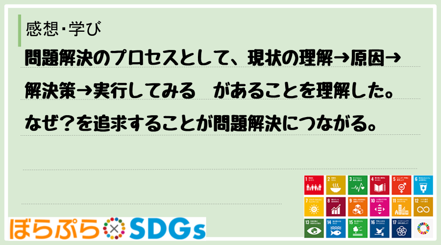 問題解決のプロセスとして、現状の理解→原因→解決策→実行してみる　があることを理解した。なぜ？...