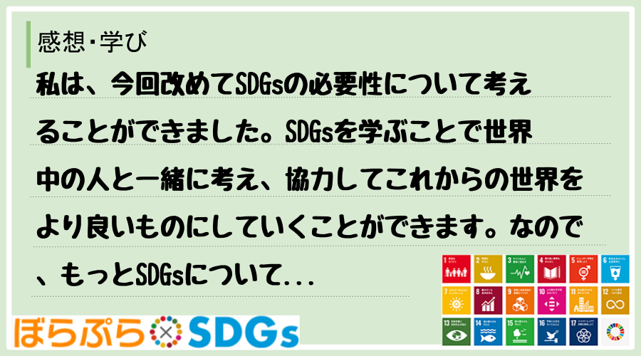 私は、今回改めてSDGsの必要性について考えることができました。SDGsを学ぶことで世界中の人...