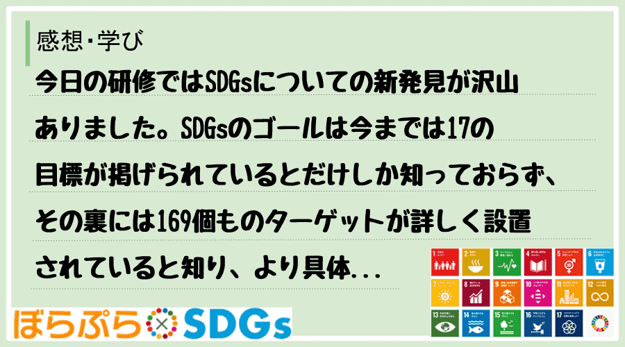 今日の研修ではSDGsについての新発見が沢山ありました。SDGsのゴールは今までは17の目標が...