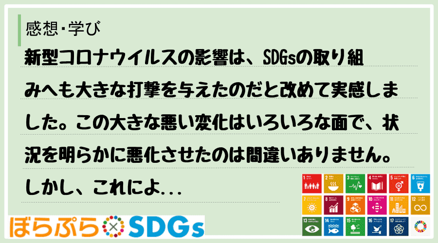 新型コロナウイルスの影響は、SDGsの取り組みへも大きな打撃を与えたのだと改めて実感しました。...