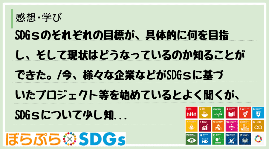 SDGｓのそれぞれの目標が、具体的に何を目指し、そして現状はどうなっているのか知ることができた...