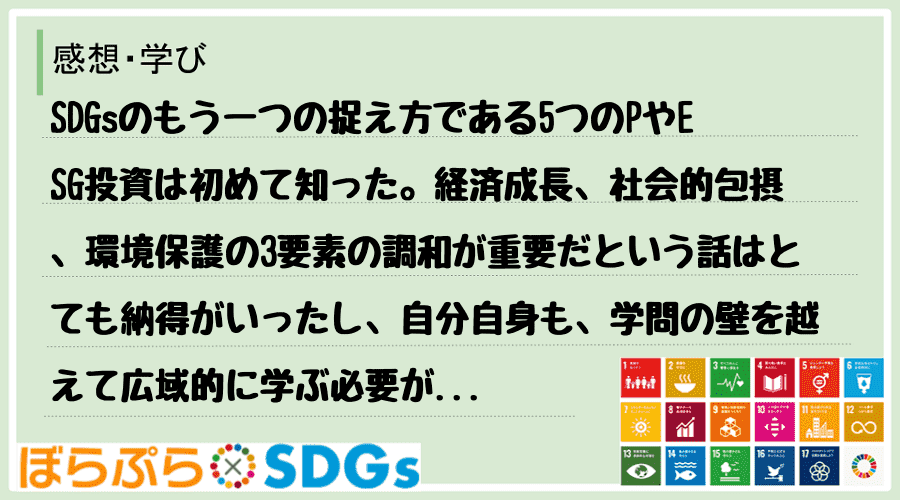 SDGsのもう一つの捉え方である5つのPやESG投資は初めて知った。経済成長、社会的包摂、環境...