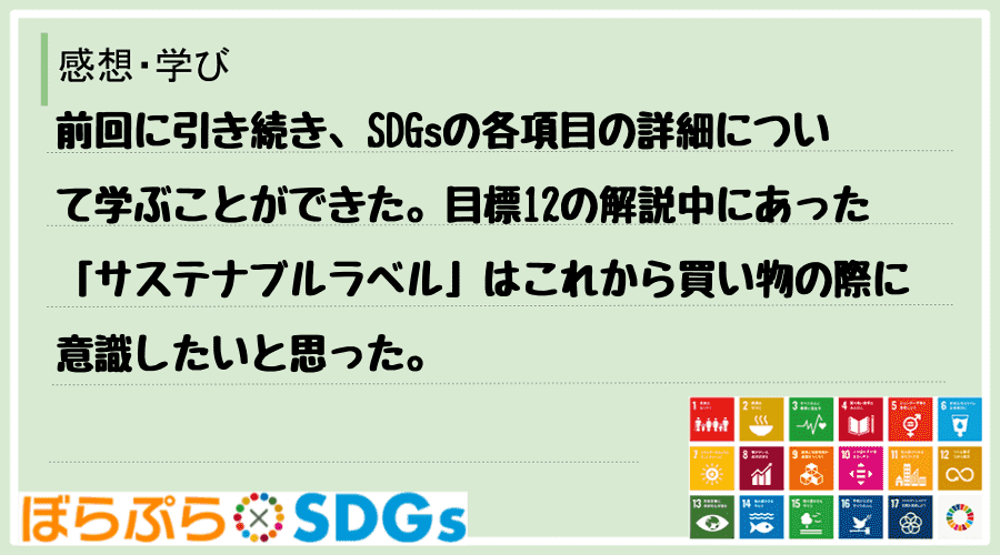 前回に引き続き、SDGsの各項目の詳細について学ぶことができた。目標12の解説中にあった「サス...