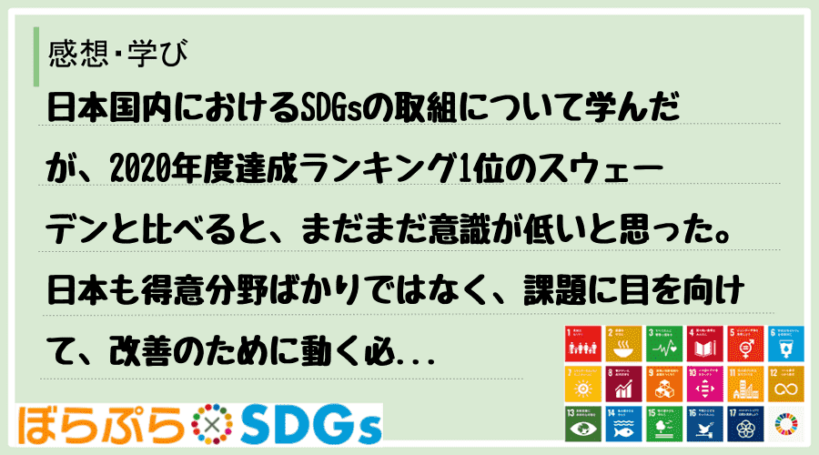 日本国内におけるSDGsの取組について学んだが、2020年度達成ランキング1位のスウェーデンと...