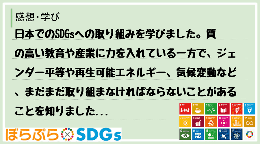 日本でのSDGsへの取り組みを学びました。質の高い教育や産業に力を入れている一方で、ジェンダー...