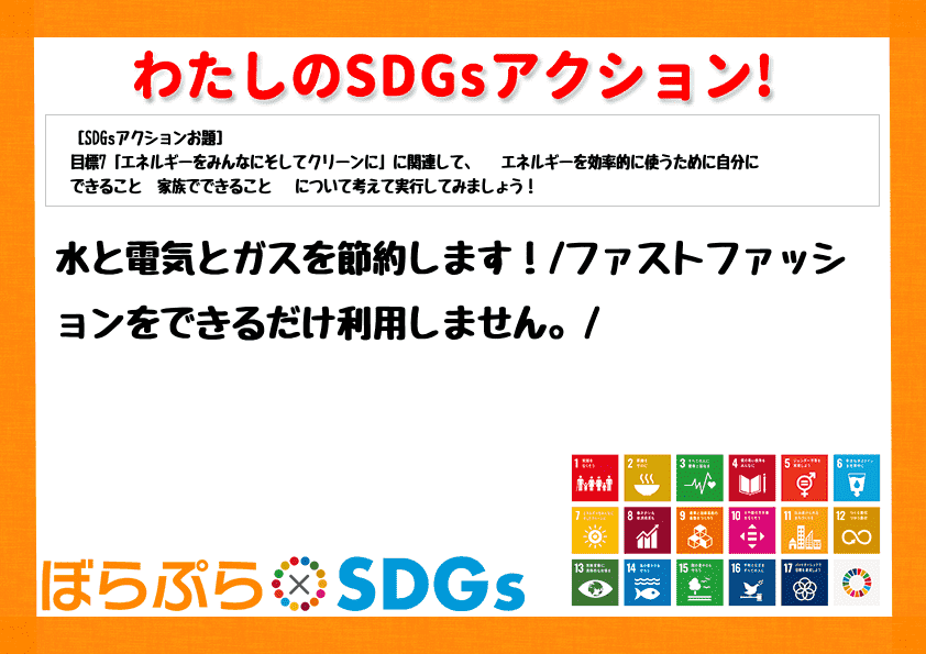 水と電気とガスを節約します！
ファストファッションをできるだけ利用しません。
