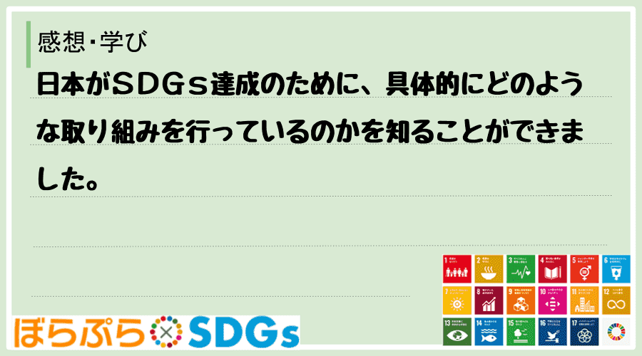 日本がＳＤＧｓ達成のために、具体的にどのような取り組みを行っているのかを知ることができました。