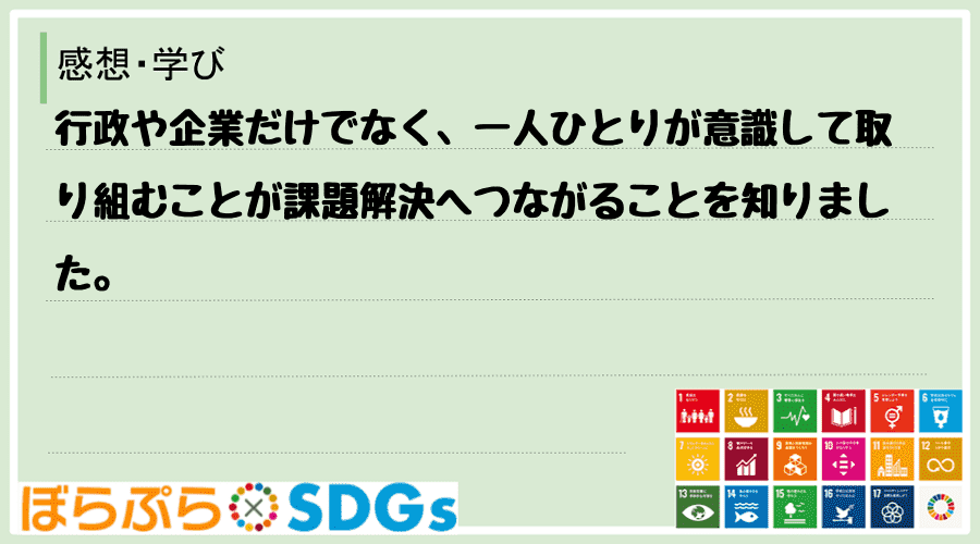 行政や企業だけでなく、一人ひとりが意識して取り組むことが課題解決へつながることを知りました。