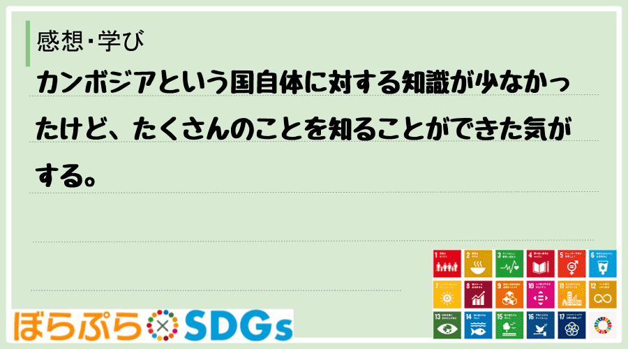 カンボジアという国自体に対する知識が少なかったけど、たくさんのことを知ることができた気がする。