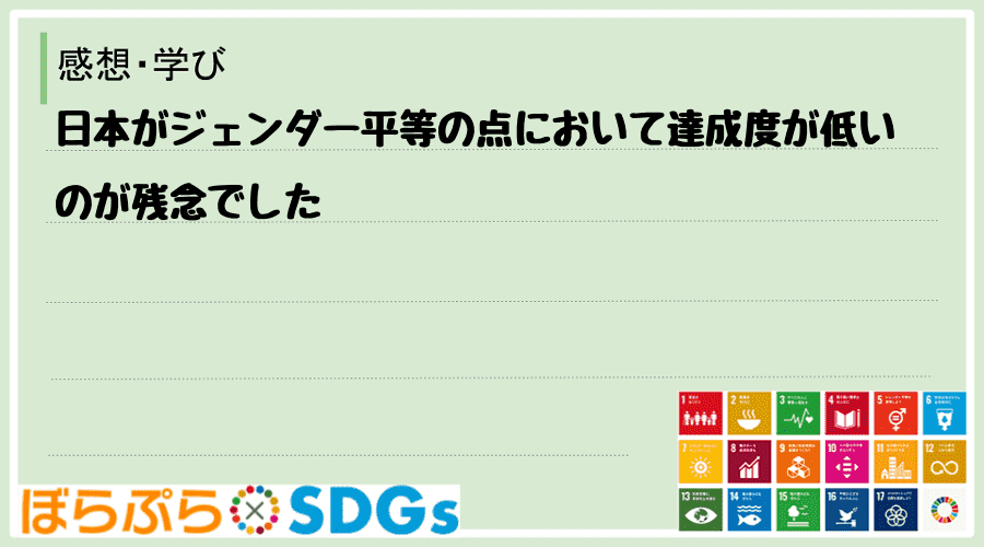 日本がジェンダー平等の点において達成度が低いのが残念でした