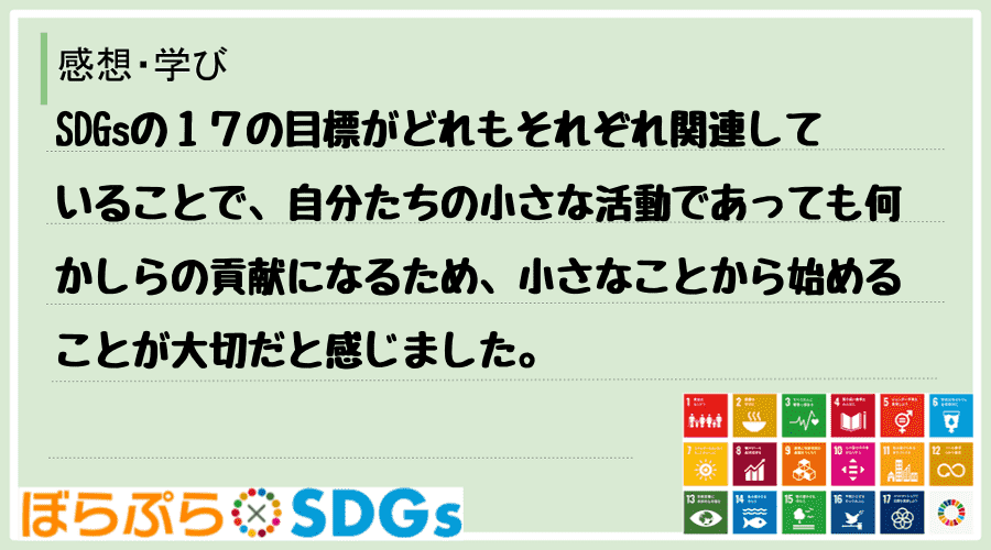 SDGsの１７の目標がどれもそれぞれ関連していることで、自分たちの小さな活動であっても何かしら...