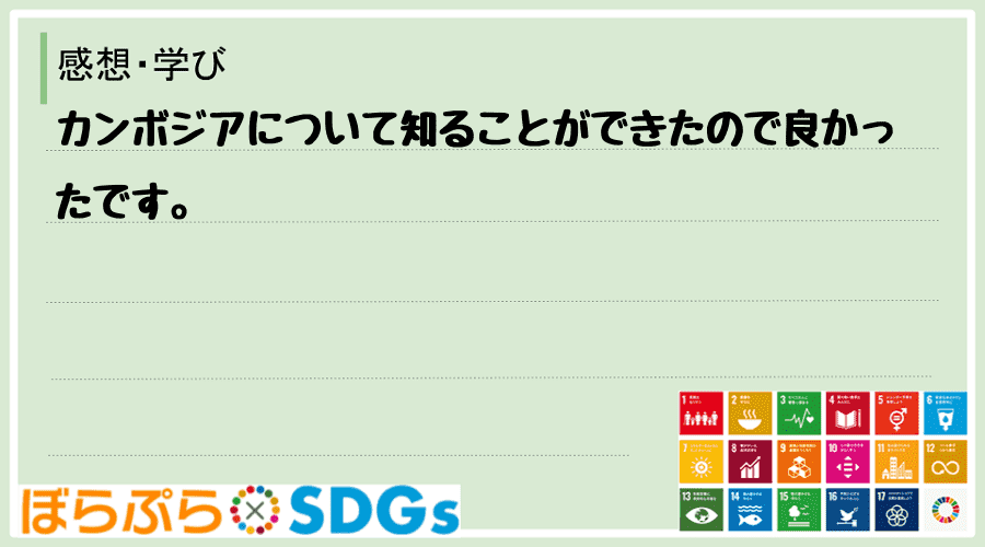 カンボジアについて知ることができたので良かったです。