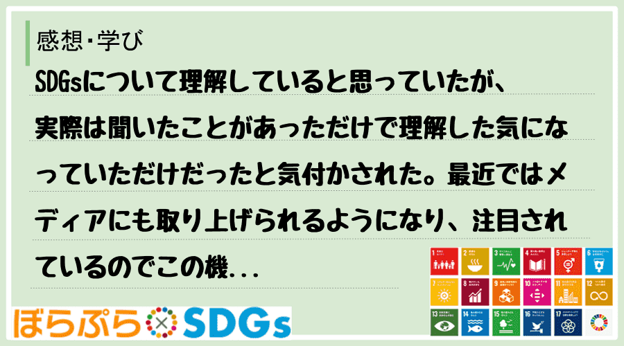 SDGsについて理解していると思っていたが、実際は聞いたことがあっただけで理解した気になってい...