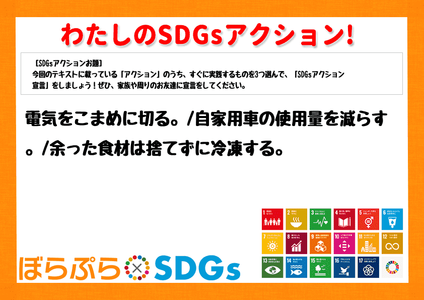 電気をこまめに切る。
自家用車の使用量を減らす。
余った食材は捨てずに冷凍する。