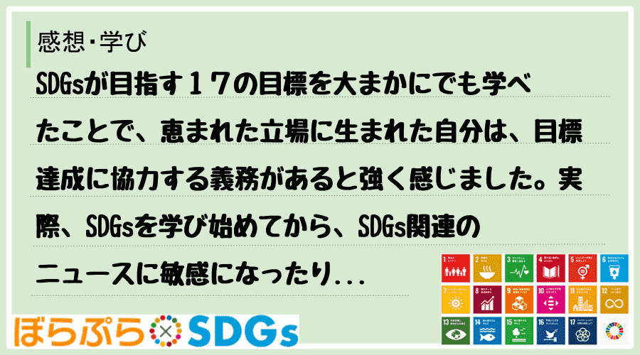 SDGsが目指す１７の目標を大まかにでも学べたことで、恵まれた立場に生まれた自分は、目標達成に...