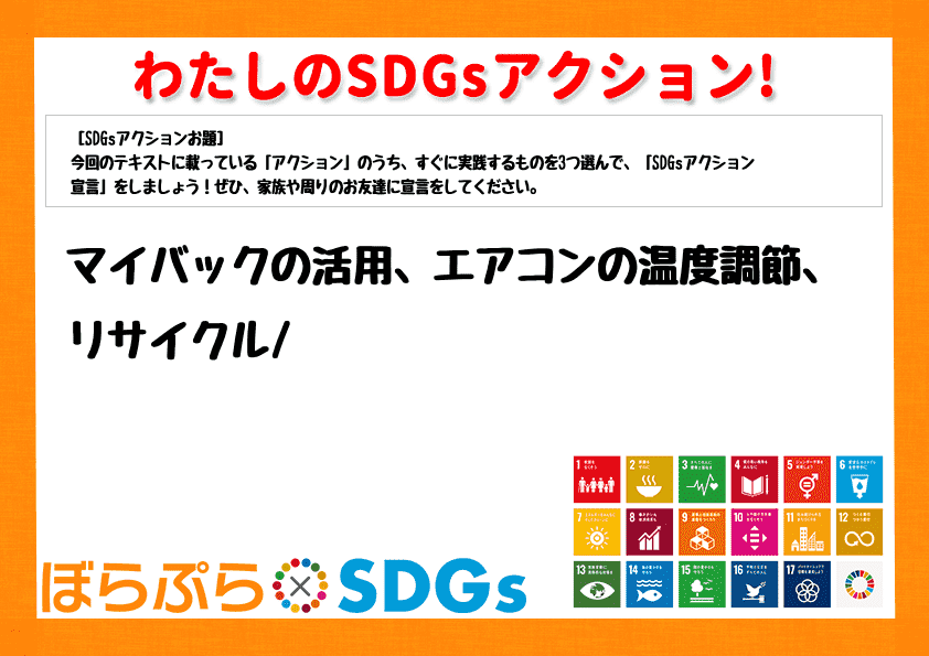 マイバックの活用、エアコンの温度調節、リサイクル
