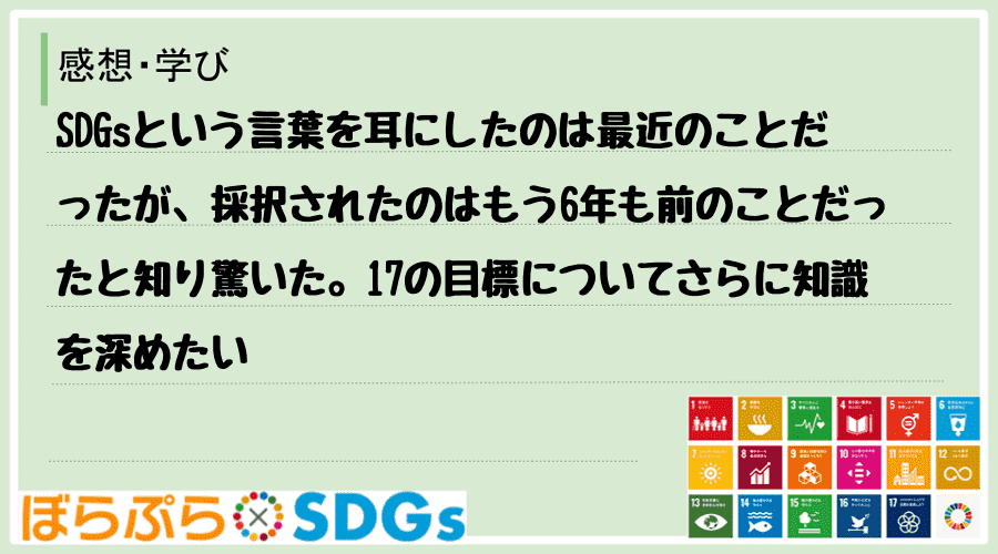 SDGsという言葉を耳にしたのは最近のことだったが、採択されたのはもう6年も前のことだったと知...