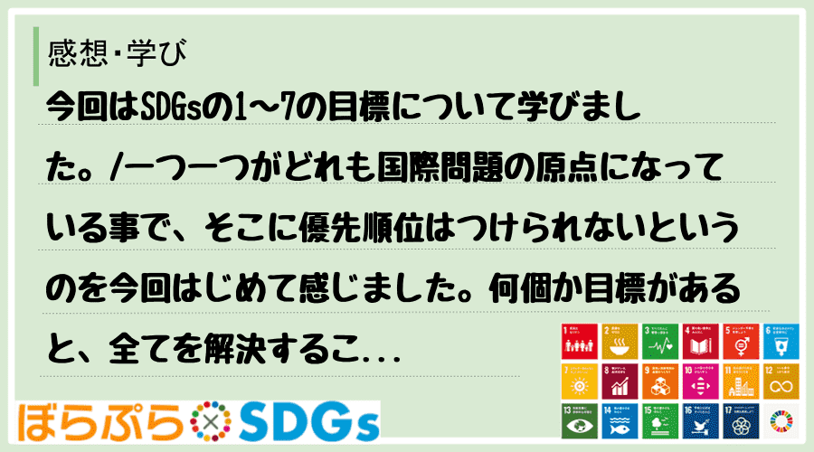 今回はSDGsの1〜7の目標について学びました。
一つ一つがどれも国際問題の原点になっている...