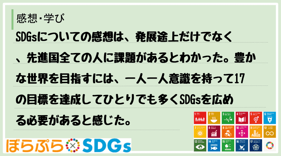 SDGsについての感想は、発展途上だけでなく、先進国全ての人に課題があるとわかった。豊かな世界...