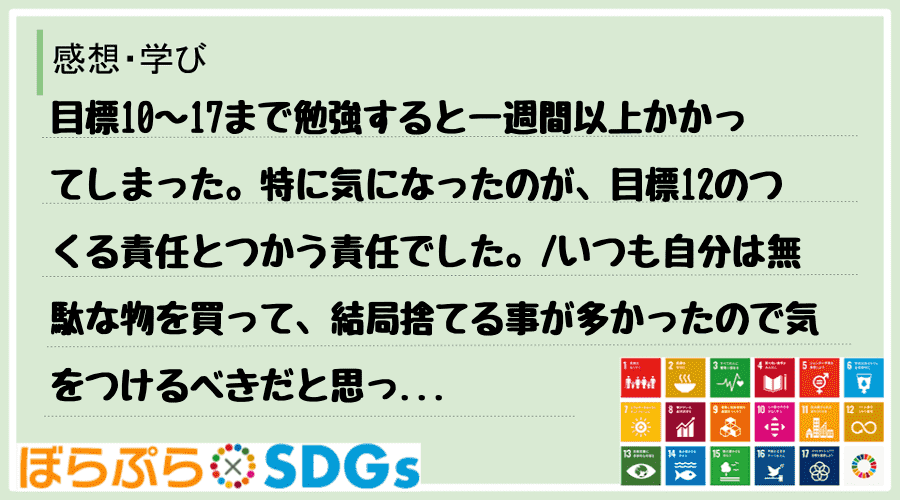 目標10〜17まで勉強すると一週間以上かかってしまった。特に気になったのが、目標12のつくる責...