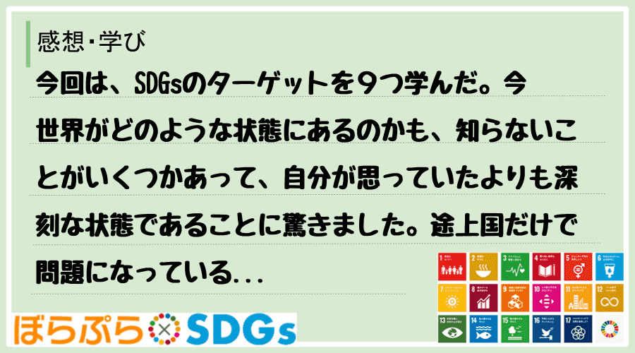 今回は、SDGsのターゲットを９つ学んだ。今世界がどのような状態にあるのかも、知らないことがい...
