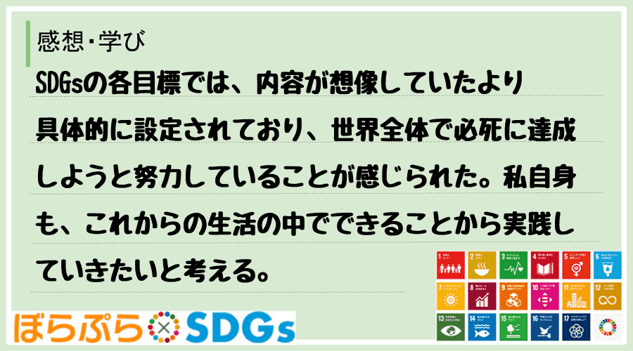 SDGsの各目標では、内容が想像していたより具体的に設定されており、世界全体で必死に達成しよう...