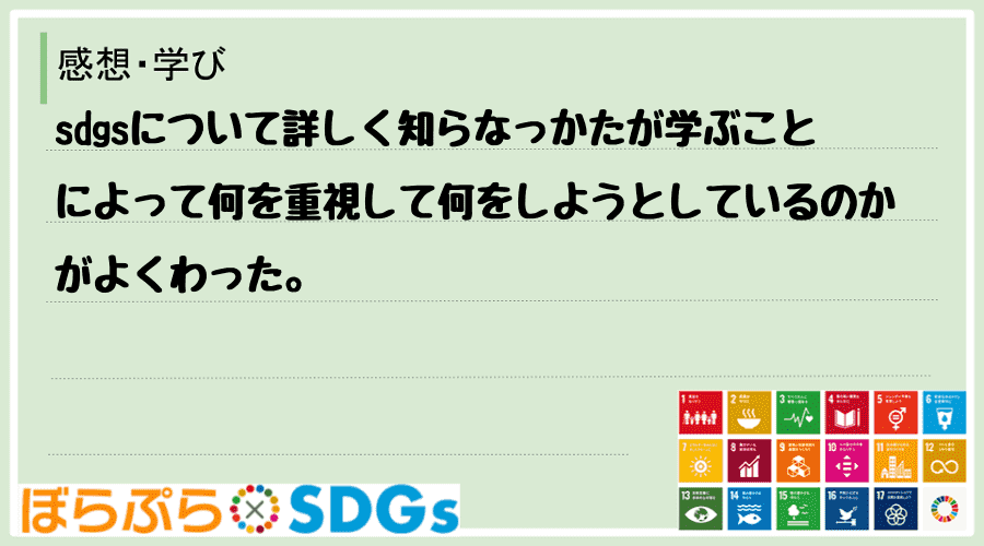 sdgsについて詳しく知らなっかたが学ぶことによって何を重視して何をしようとしているのかがよく...