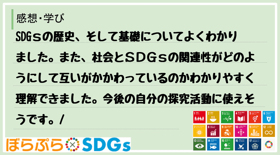 SDGｓの歴史、そして基礎についてよくわかりました。また、社会とＳＤＧｓの関連性がどのようにし...