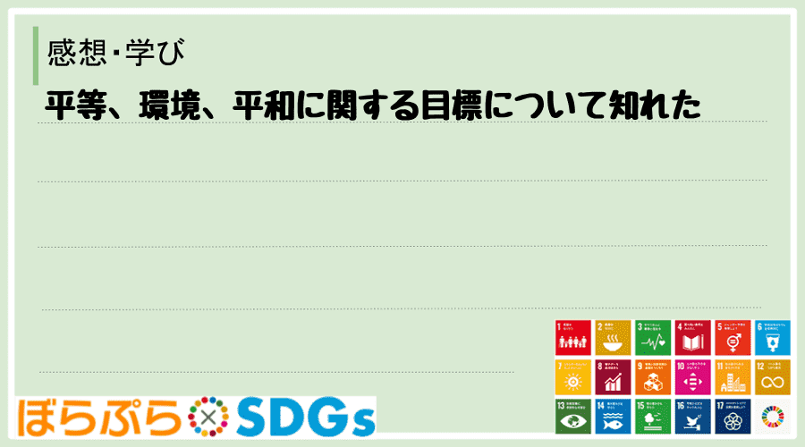 平等、環境、平和に関する目標について知れた