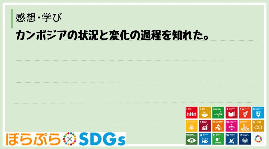 カンボジアの状況と変化の過程を知れた。