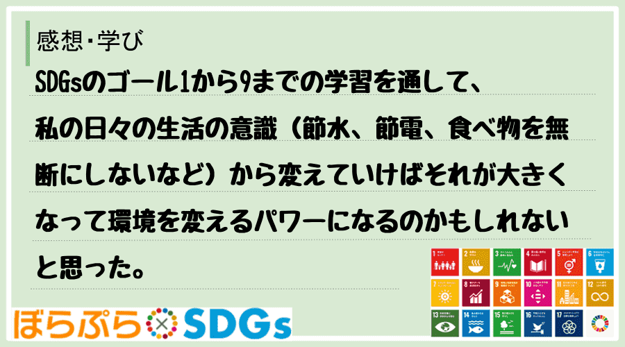 SDGsのゴール1から9までの学習を通して、私の日々の生活の意識（節水、節電、食べ物を無断にし...