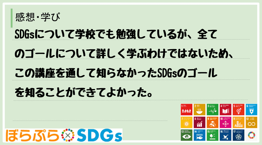 SDGsについて学校でも勉強しているが、全てのゴールについて詳しく学ぶわけではないため、この講...